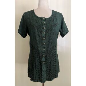 Vintage 90s Rayon Top Yeshi Himalayan Embroidered Green Boho Festival Sz Small